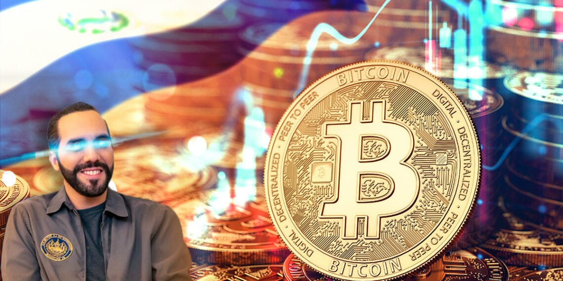 Presidente Nayib Bukele observa una moneda física de bitcoin con ojos láser. Al fondo aparece una bandera de El Salvador, gráficos de precio y más monedas de BTC.