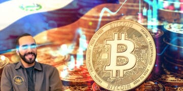 Presidente Nayib Bukele observa una moneda física de bitcoin con ojos láser. Al fondo aparece una bandera de El Salvador, gráficos de precio y más monedas de BTC.