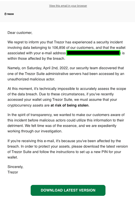 Scam email to user of Trezor, BTC wallet.