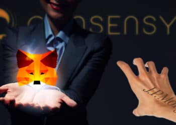 Un grupo de accionistas acusan a ConsenSys de vender parte de la empresa, incluyendo MetaMask, al banco JP Morgan. Composición por CriptoNoticias. Sergey Nivens/ stock.adobe.com; Metamask/ metamask.io; Parad St/ stock.adobe.com; JP Morgan/ jpmorgan.com