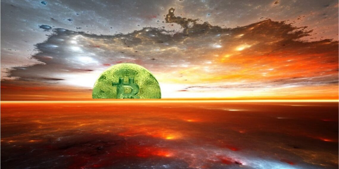 Una moneda de bitcoin verde sale en el horizonte como un sol al amanecer.