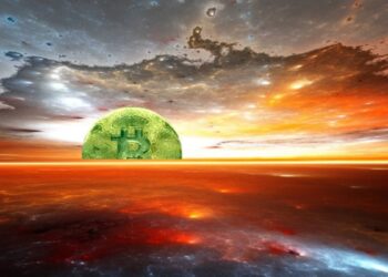 Una moneda de bitcoin verde sale en el horizonte como un sol al amanecer.