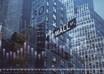 Rascacielos en azul con graficas de precios de trading