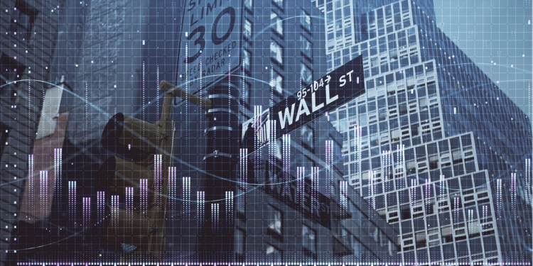 Rascacielos en azul con graficas de precios de trading