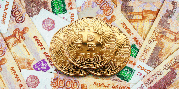 Mientras el rublo se devaluó frente al dólar, bitcoin repuntó frente a la divisa estadounidense. Composición por CriptoNoticias. Fuente: alexbush / adobe.stock / pngegg