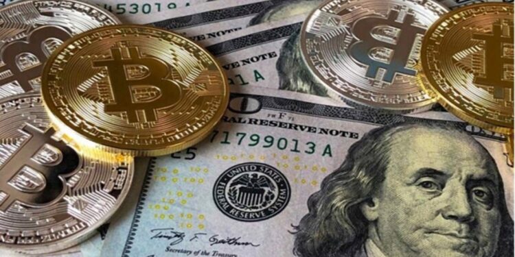 Monedas de bitcoin sobre billetes de dólares