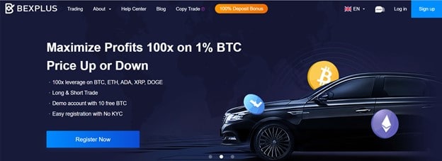 Bexplus 100x leverage promotional banner.