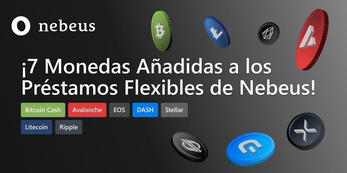 Logo de Nebeus con varias criptomonedas flotando