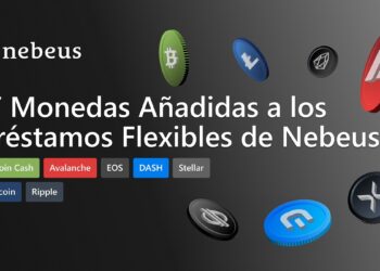 Logo de Nebeus con varias criptomonedas flotando