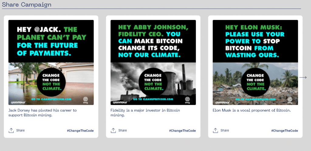 Campaña de Greenpeace para convencer a influencers millonarios – Greenpeace contra Bitcoin