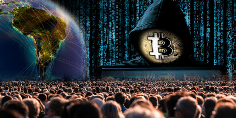 Multitud y mapa de Latinoamérica con hacker de BTC.