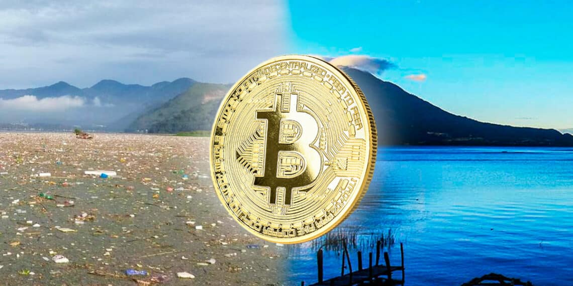 Lago Atitlán contaminado de un lado y sano del otro lado con Bitcoin.