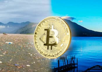 Lago Atitlán contaminado de un lado y sano del otro lado con Bitcoin.