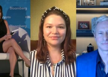 De izquierda a derecha: Katie Greifield, Brittany Kaiser y Chris Larsen. Fuente: Bloomberg Crypto Summit / youtube.com.