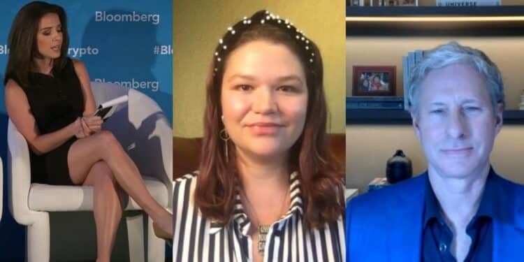 De izquierda a derecha: Katie Greifield, Brittany Kaiser y Chris Larsen. Fuente: Bloomberg Crypto Summit / youtube.com.
