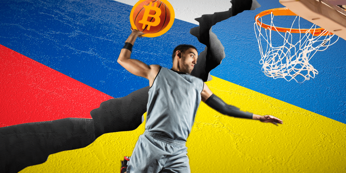 Jugadores de la NBA ayudarán a recolectar donaciones en bitcoin para Ucrania. Composición por CriptoNoticias. Fuente: Brocreative ; lassedesignen ; Negro Elkha / adobe.stock.com / pngegg.com.