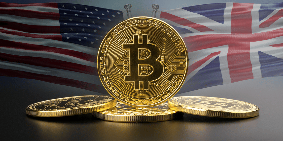 Bitcoin con banderas de USA y UK.