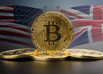 Bitcoin con banderas de USA y UK.