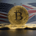 Bitcoin con banderas de USA y UK.