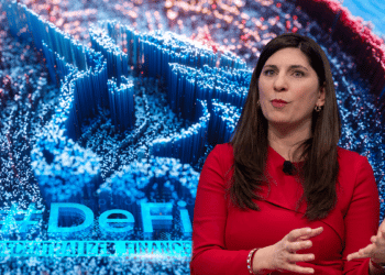 Stacey Cunningham junto a #DeFi con Uniswap de fondo.
