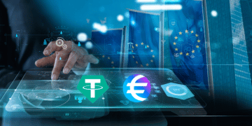 Ilustración digital en tonos azules en la que se muestra una mano operando una interfaz tecnológica transparente. Sobre la pantalla flotan los logotipos circulares de la stablecoin Tether (USDT) y del euro. Al fondo, se aprecian gráficos financieros abstractos y elementos visuales difuminados que sugieren la bandera de la Unión Europea.