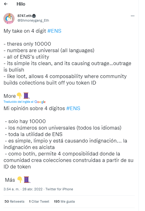 Usuario de Twitter comenta beneficios de ENS.