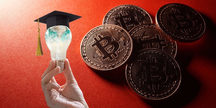 Bitcoin con fondo rojo y mano sosteniendo lamparita con