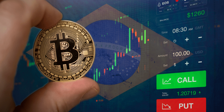 Bitcoin acompañado por la bandera de Brasil y una exchange.