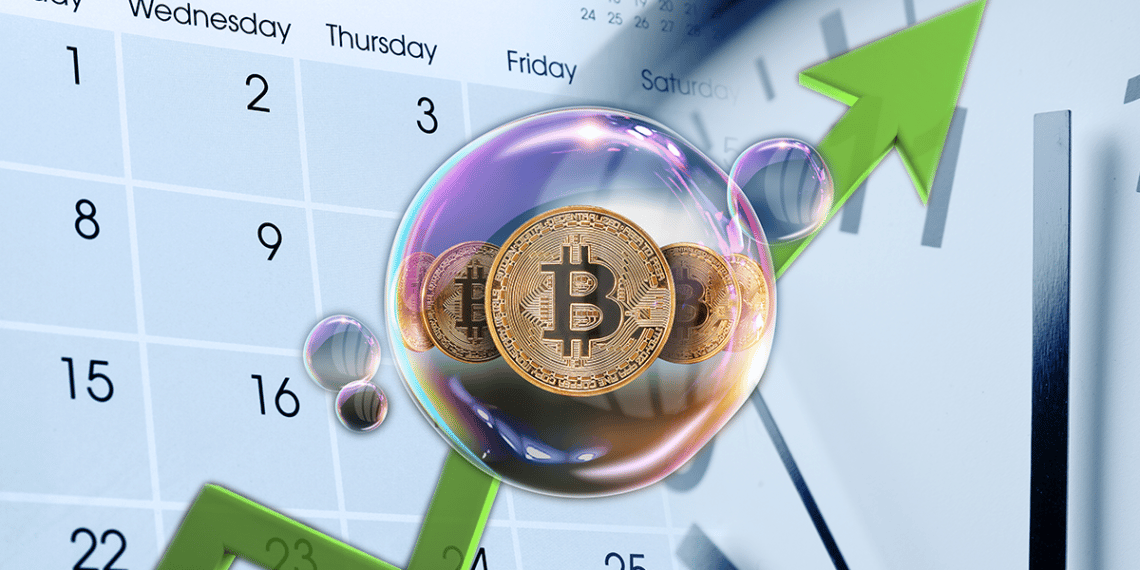 Un bitcoin dentro de una burbuja con un calendario de fondo.