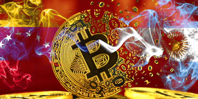 Bitcoin con fondo rojo y banderas de Argentina y Venezuela.
