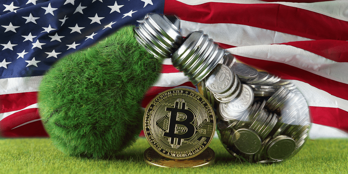 Ecología, Bitcoin y bandera de Estados Unidos.