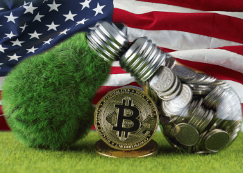 Ecología, Bitcoin y bandera de Estados Unidos.