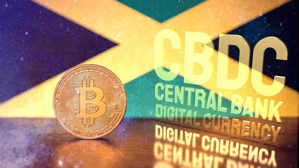 Bandera de Jamaica con BTC y logo de CBDC.