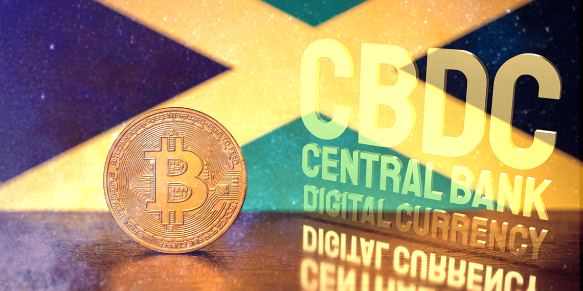 Bandera de Jamaica con BTC y logo de CBDC.