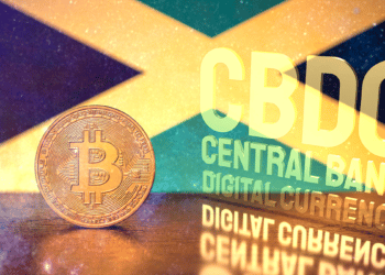 Bandera de Jamaica con BTC y logo de CBDC.