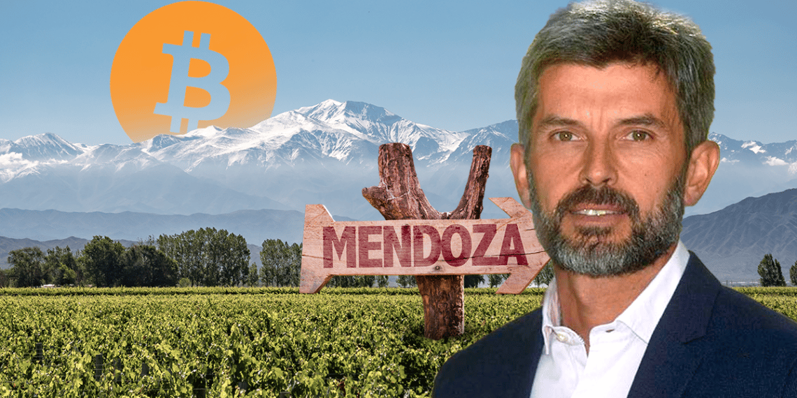 Ulpiano Suárez quiere que Mendoza ingrese en la lista de las ciudades amigables con Bitcoin. Composición por CriptoNoticias. Fuente: ucr.org.ar ; alongway.ch ; gustavofrazao / stock.adobe.com / pngegg.com.