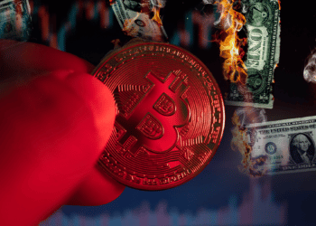 Bitcoin en rojo y billetes en llamas que representan la inflación.