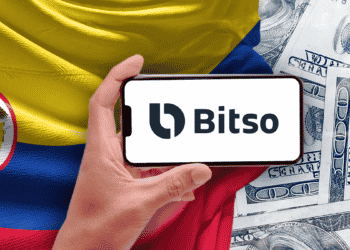 Bandera de Colombia y dólares con teléfono y logo Bitso