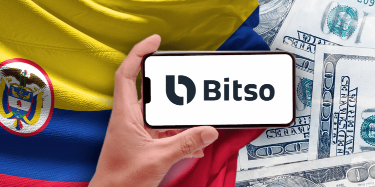 Bandera de Colombia y dólares con teléfono y logo Bitso