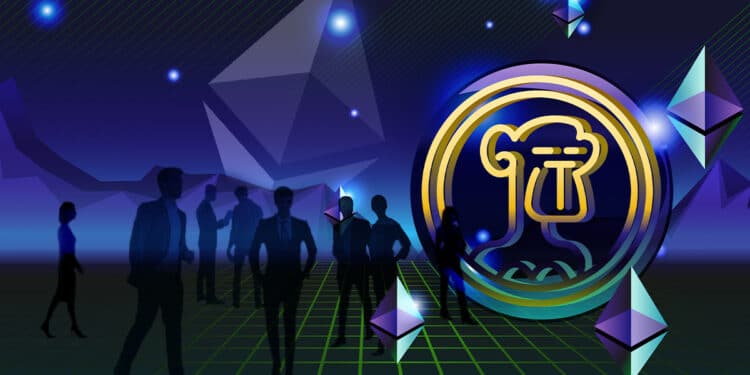 Multitud observa Apecoin y logo de Ethereum.
