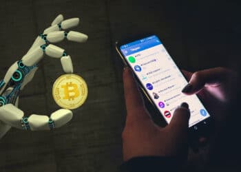 Una mano sosteniendo un bitcoin acompañado de un celular visualizando Telegram.