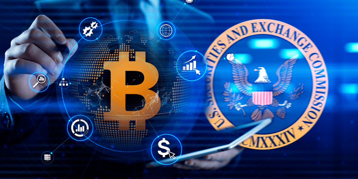 Trader con Bitcoin y logo de SEC.