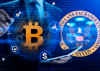 Trader con Bitcoin y logo de SEC.