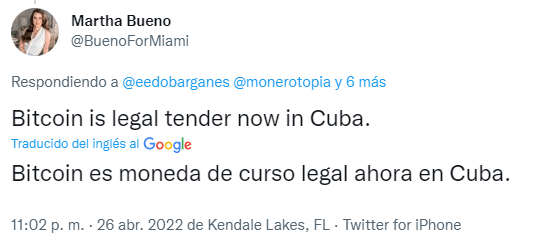 Martha Bueno's tweet about bitcoin in Cuba.