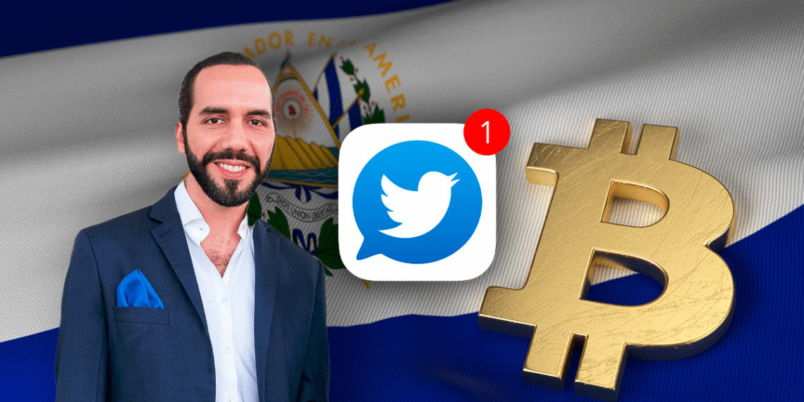 Bandera de El Salvador, Bitcoin Bukele y notificación de Twitter.