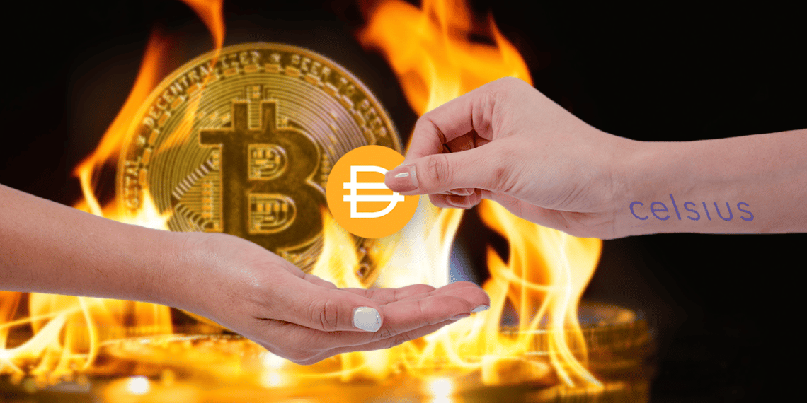 Celsius y DAI con Bitcoin en llamas al fondo.