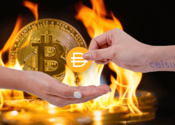 Celsius y DAI con Bitcoin en llamas al fondo.