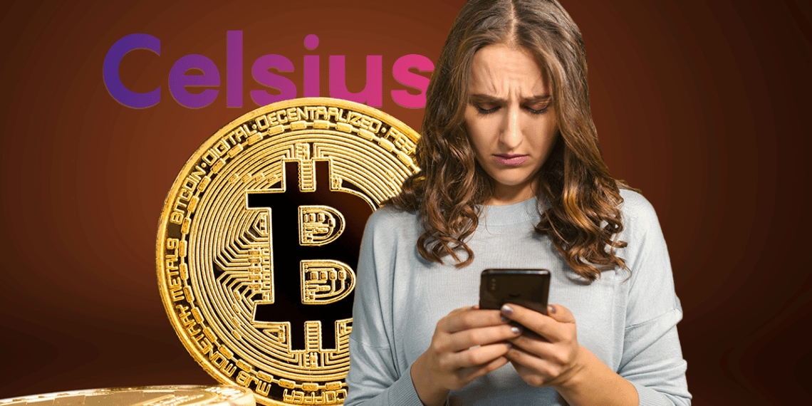 mujer observa con preodupación teléfono con bitcoin y logo de Celsius en el fondo