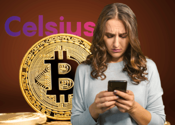 mujer observa con preodupación teléfono con bitcoin y logo de Celsius en el fondo