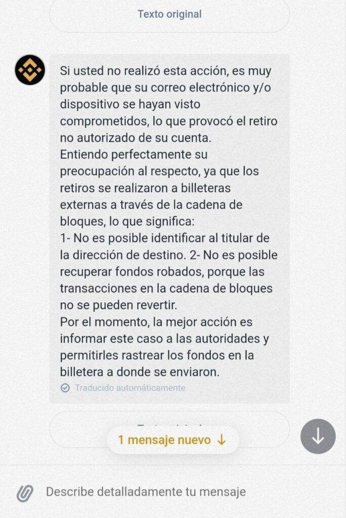 Chat de Binance sobre los bloqueos.